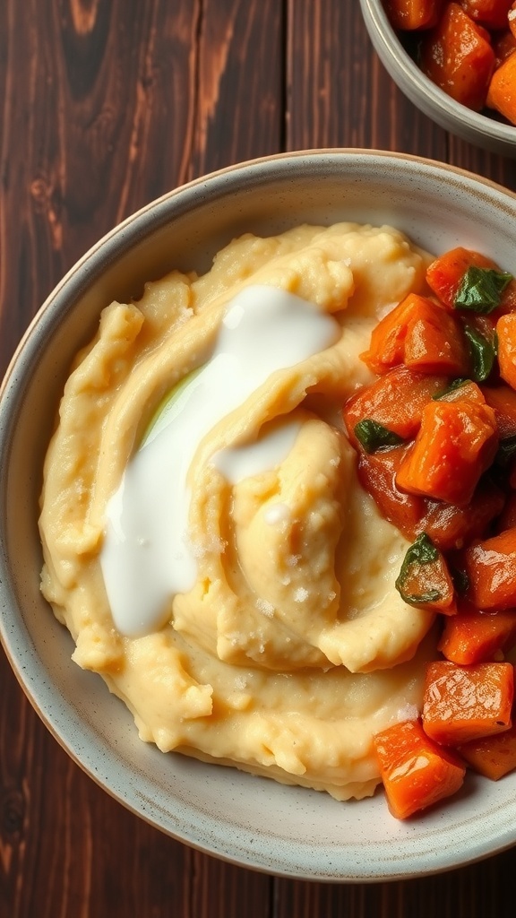 A bowl of mashed kenkey with milk, served with a Ghanaian stew on a rustic table.